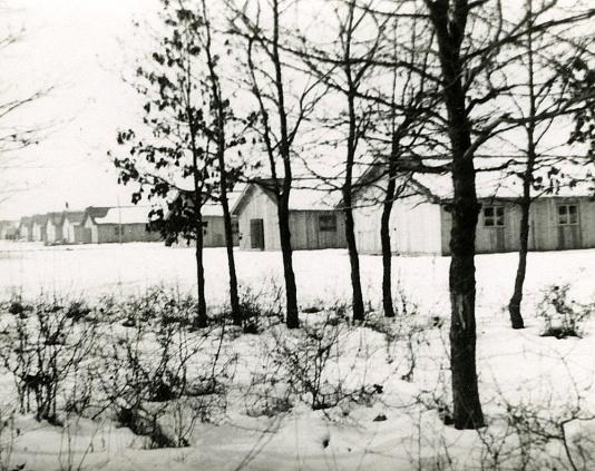 Obóz internowania dla żołnierzy Wojska Polskiego w Comisani (Rumunia), widok od strony lasu na ośnieżone baraki.