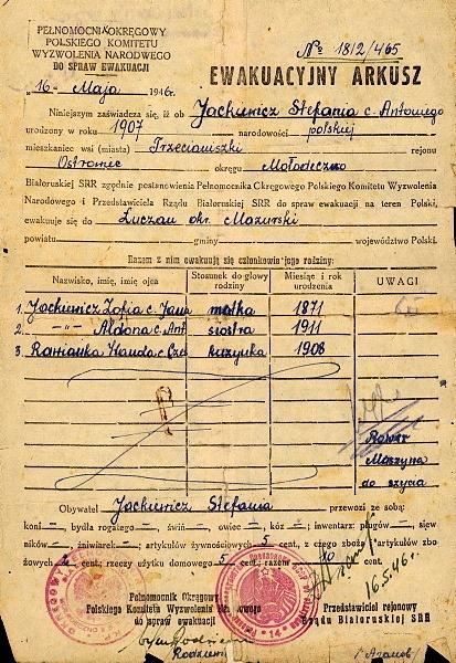 Dokument poświadczający repatriację do Polski wystawiony dla Stefanii Jackiewicz i jej rodziny.