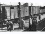 Pociąg na stacji kolejowej Siedlce, ewakuacja pracowników urzędów państwowych i ich rodzin na wschód.